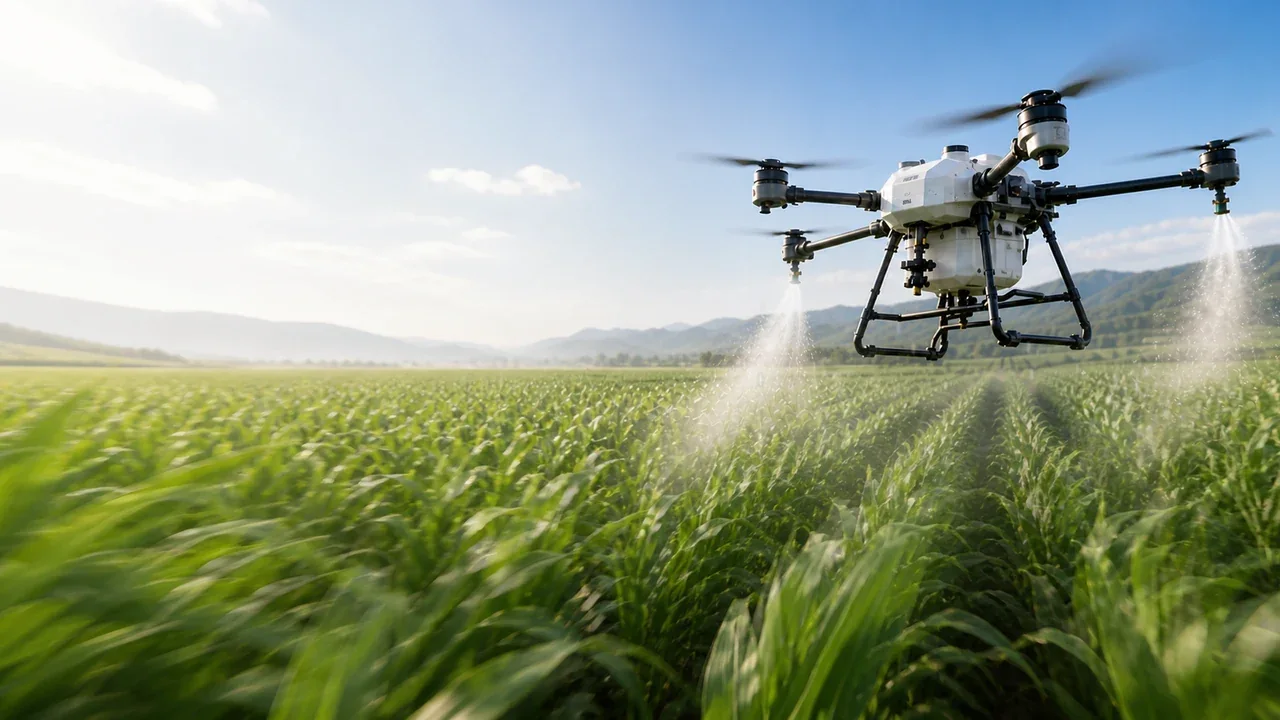 Agricultural drone operating above a crop field